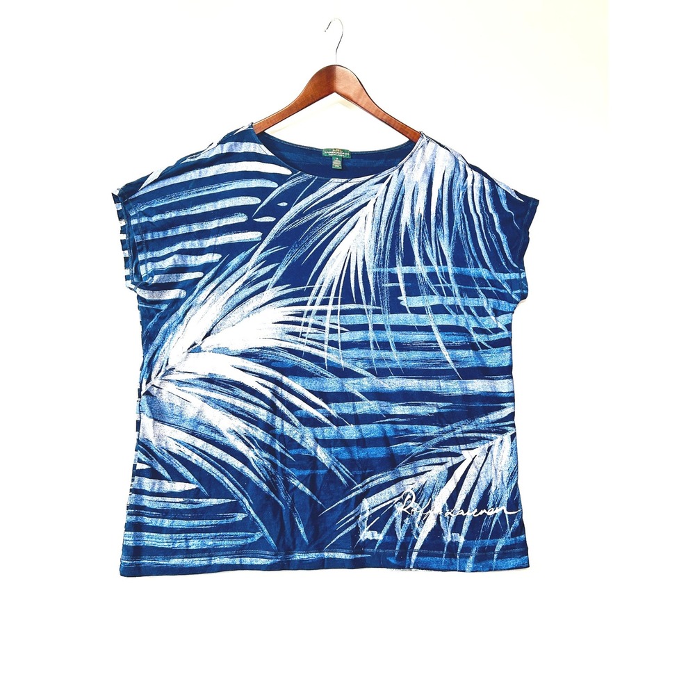 Lauren Ralph Lauren Womens Short Sleeve Top Navy Tropical Leaf Stripe Cotton 1X